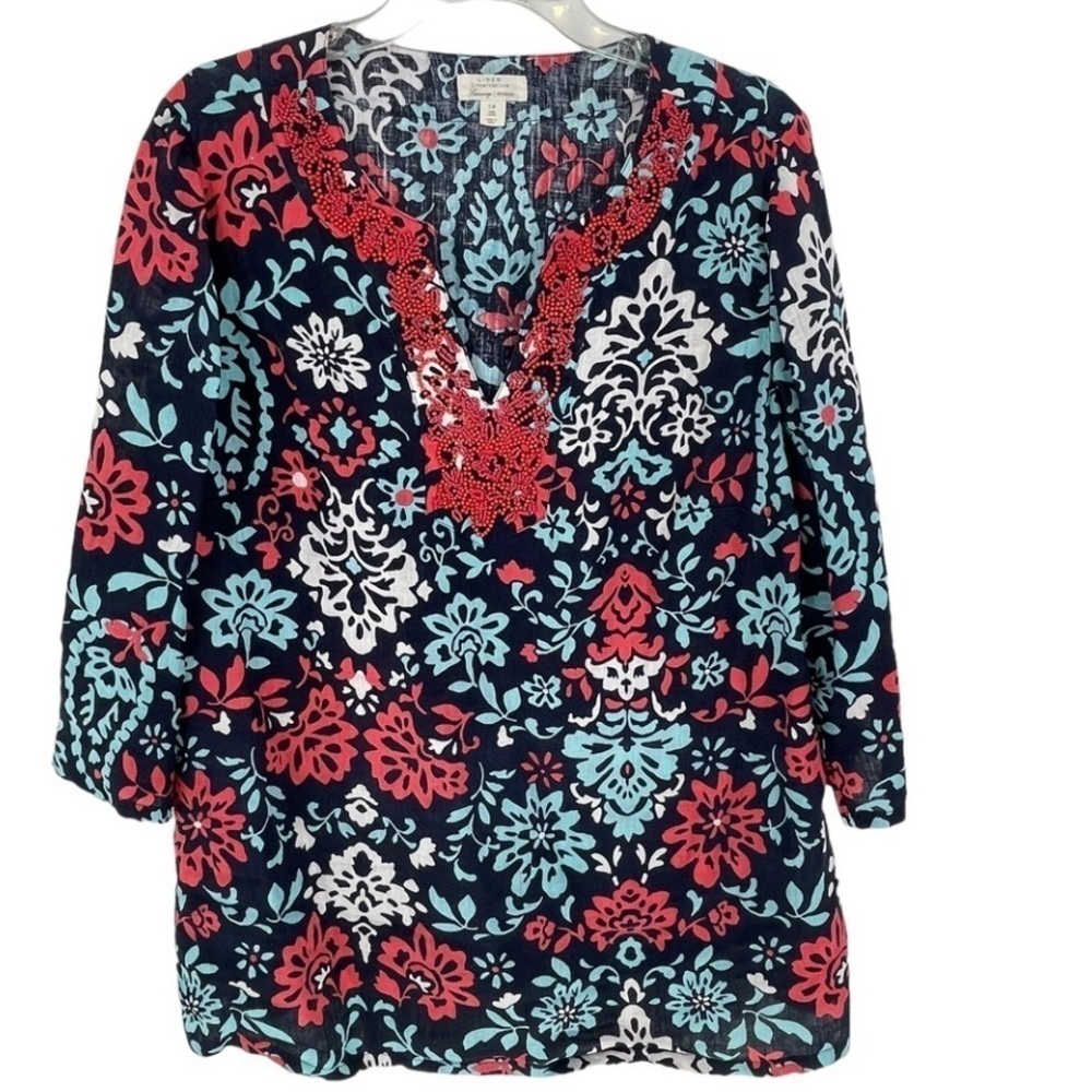 100% Linen Beaded Boho Floral Print Tunic Top - Sz 1X -- Charter Club Luxury